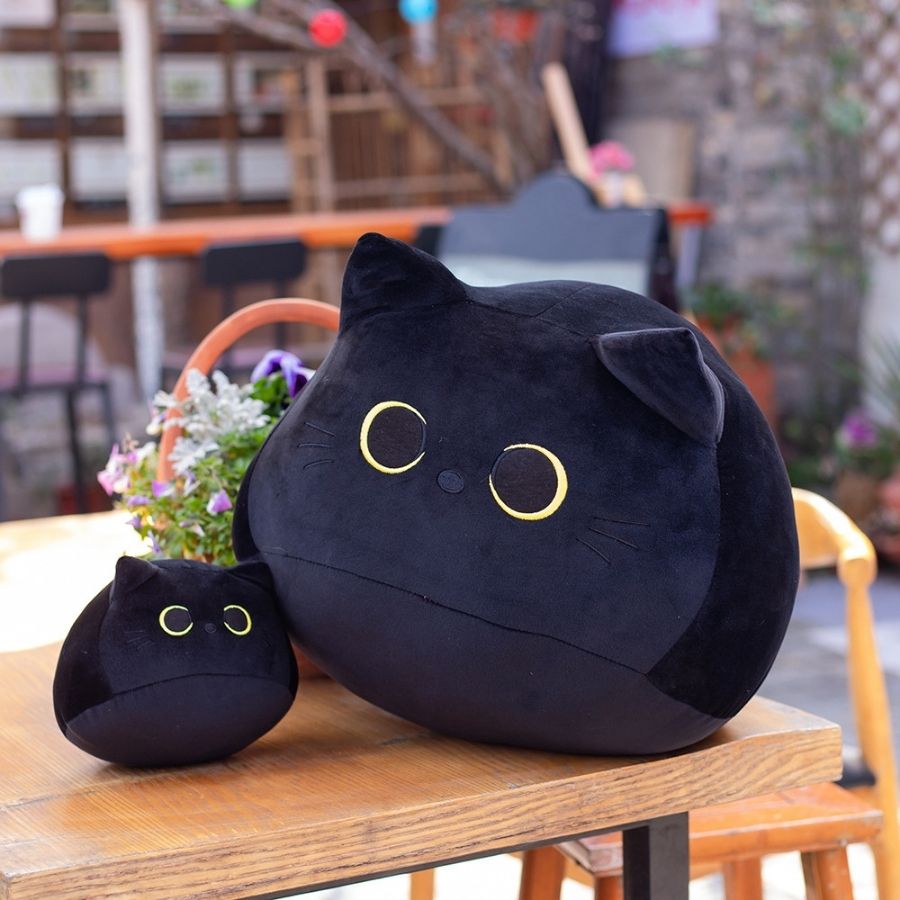 Peluche Chat Noir Kawaii aux Grands Yeux Jaunes