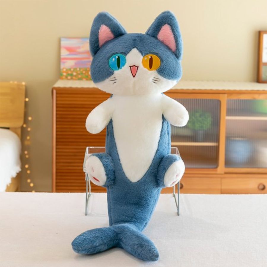 Peluche Chat Sirène Grise aux Yeux Bicolores