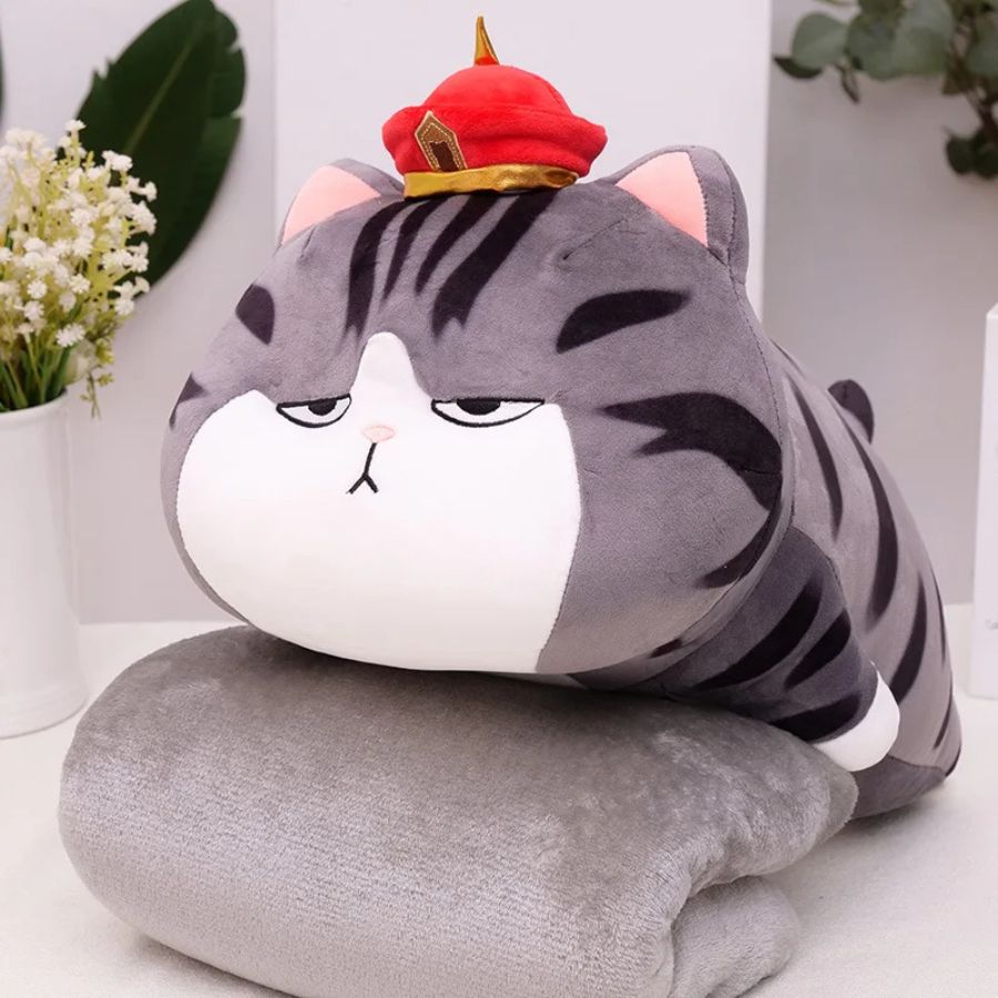 Coussin en Peluche Chat Boudeur à Chapeau et Couverture