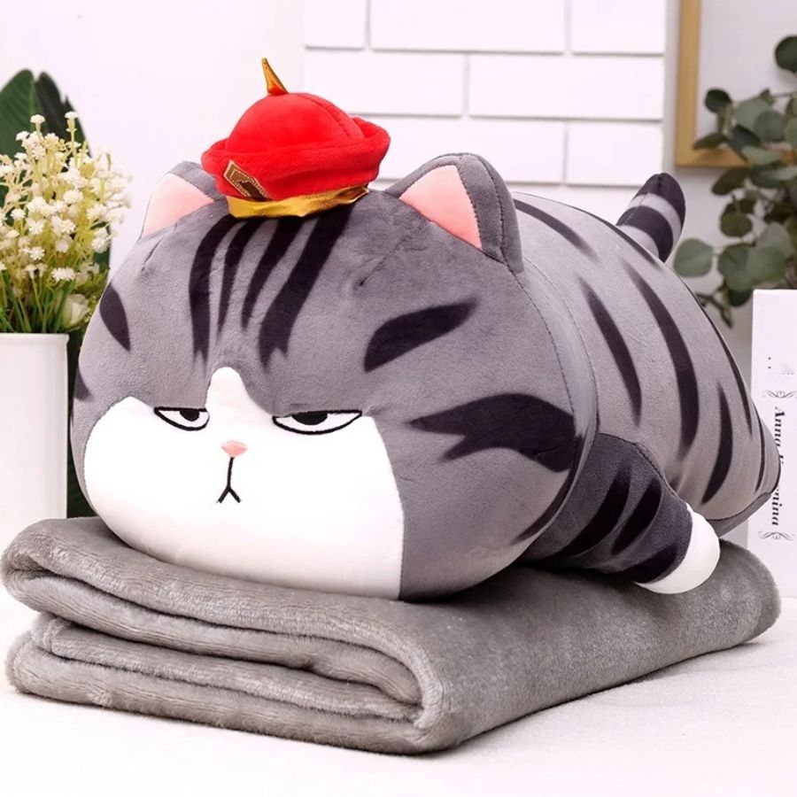 Coussin en Peluche Chat Boudeur à Chapeau et Couverture