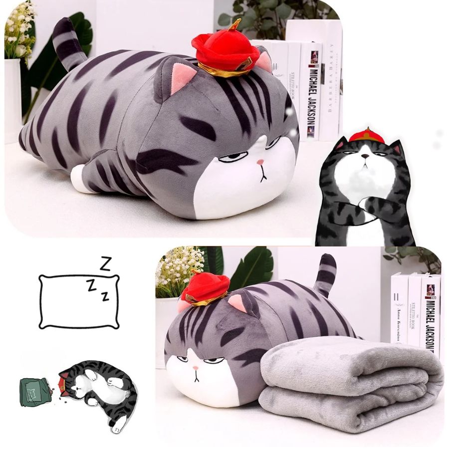 Coussin en Peluche Chat Boudeur à Chapeau et Couverture