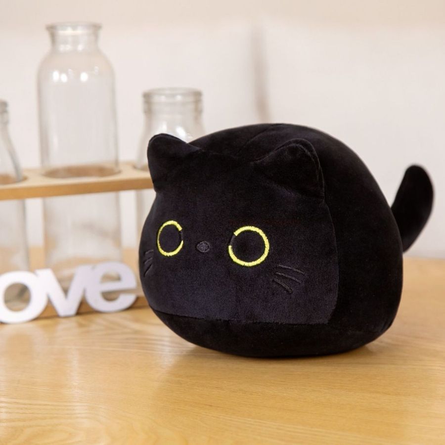 Peluche Chat Noir Kawaii aux Grands Yeux Jaunes
