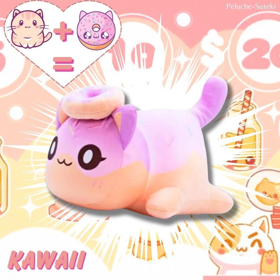 Peluche de Chat Kawaii Rose et Pêche avec Donut