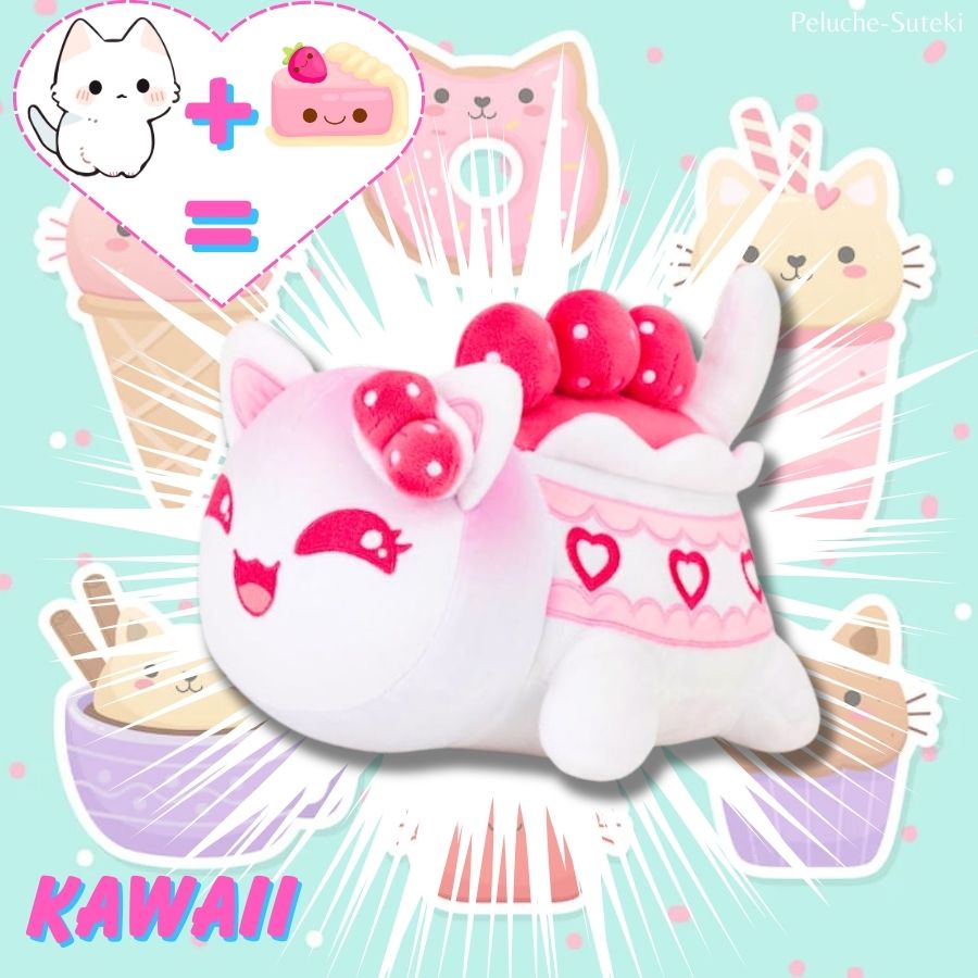 Peluche Kawaii Chat Rose Fraise Milkshake