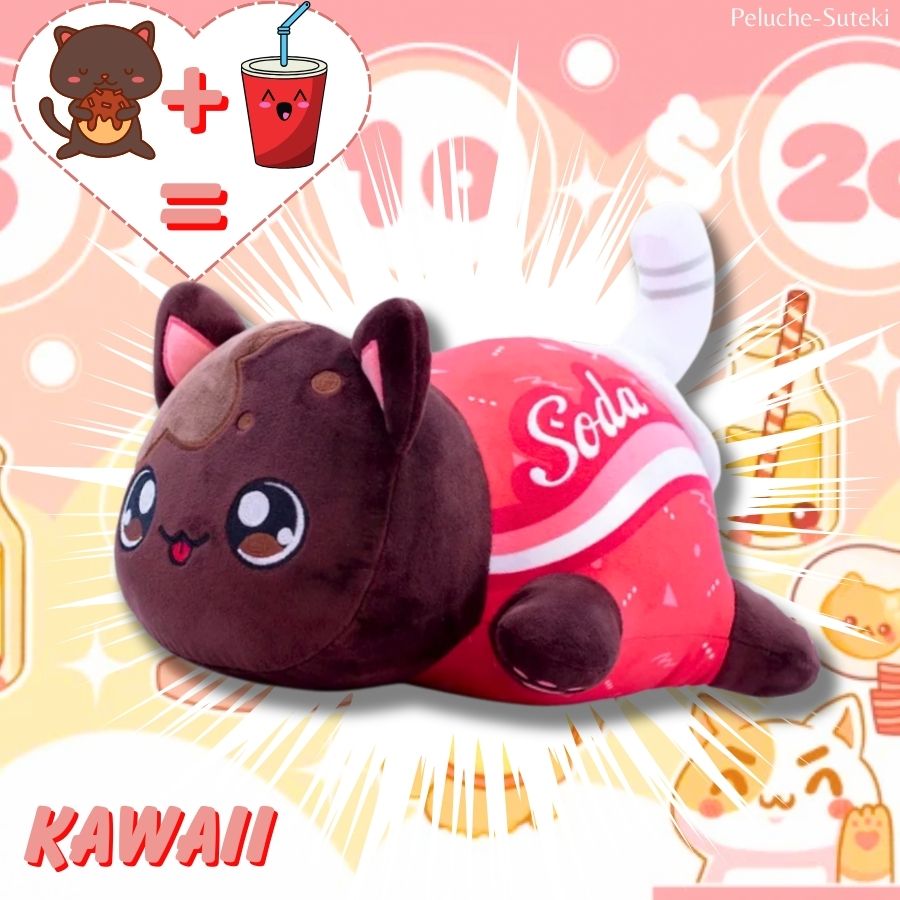Peluche Chat Kawaii à Tête Marron et Corps Soda
