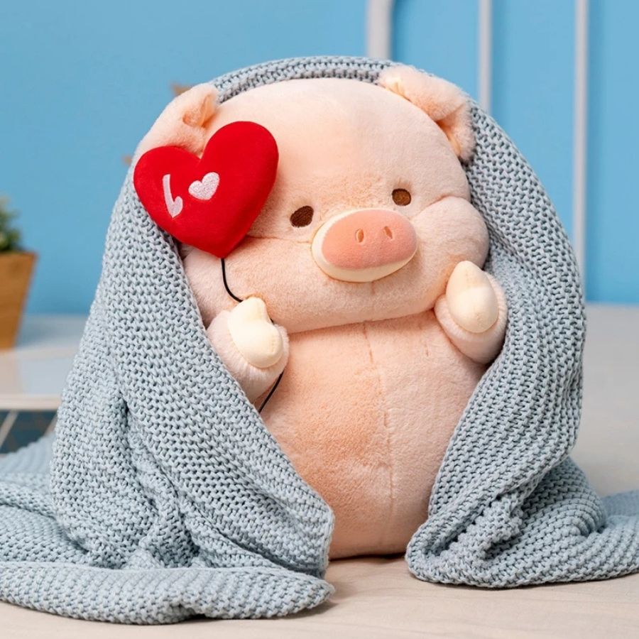 Peluche de Cochon Rose Pâle avec Ballon Cœur Rouge