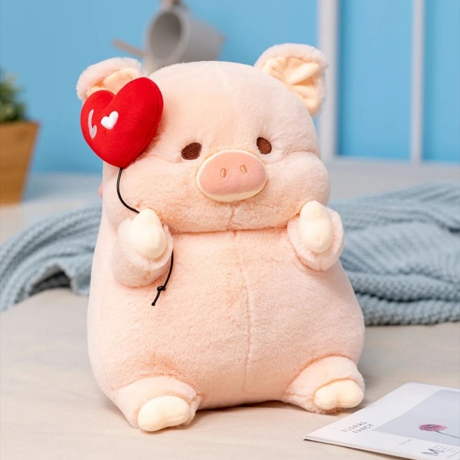Peluche de Cochon Rose Pâle avec Ballon Cœur Rouge