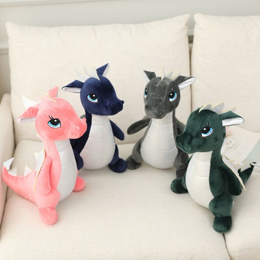 Peluche Dragon Gris Foncé aux Grands Yeux Bleus