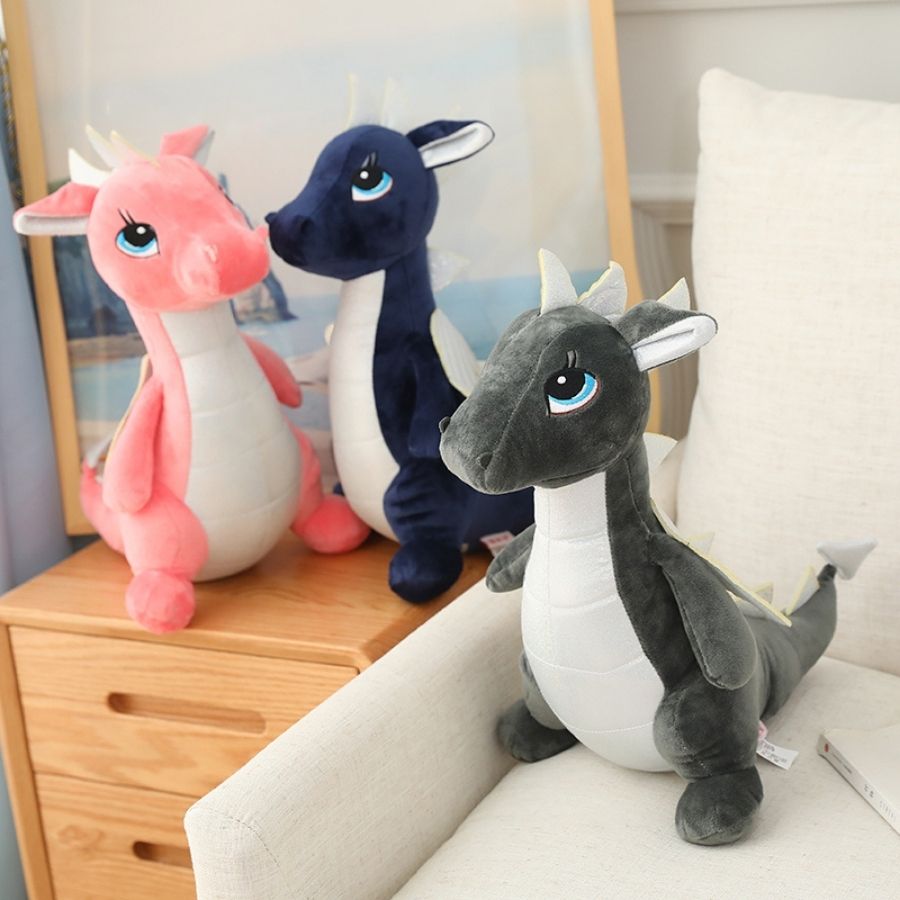 Peluche Dragon Gris Foncé aux Grands Yeux Bleus