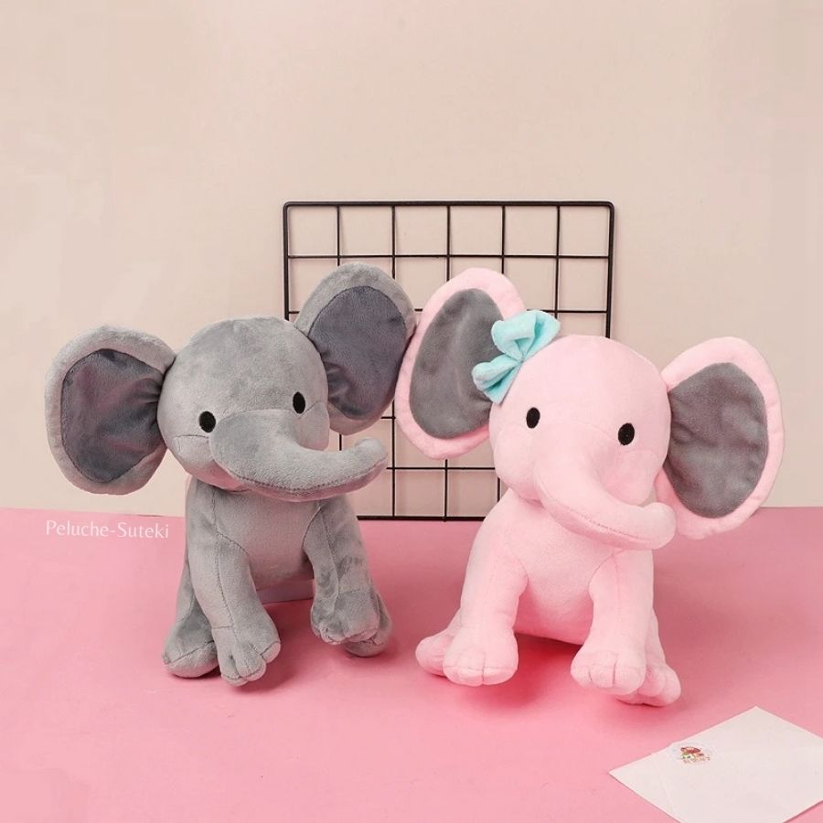 Peluche d'Éléphant Mignon Rose à Nœud Bleu