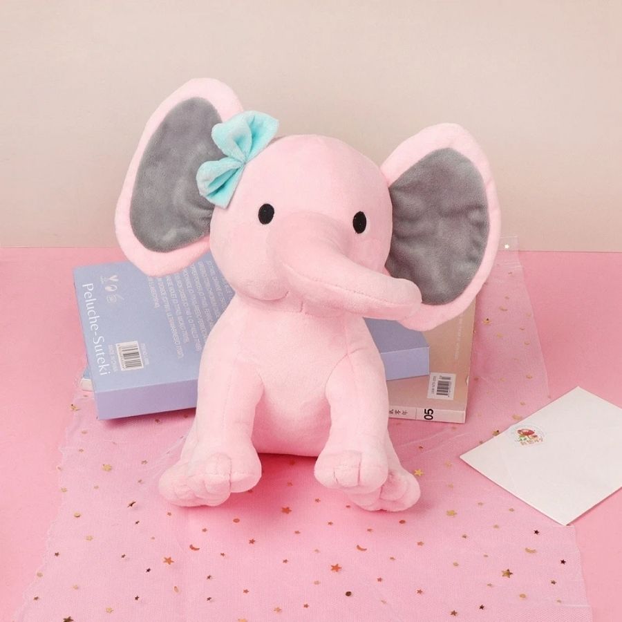 Peluche d'Éléphant Mignon Rose à Nœud Bleu