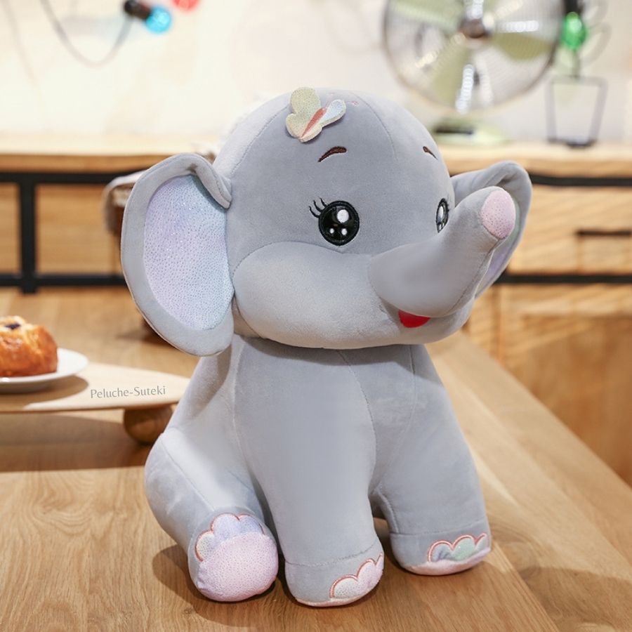 Peluche Éléphant Gris Clair avec Oreilles Irisées et Cils
