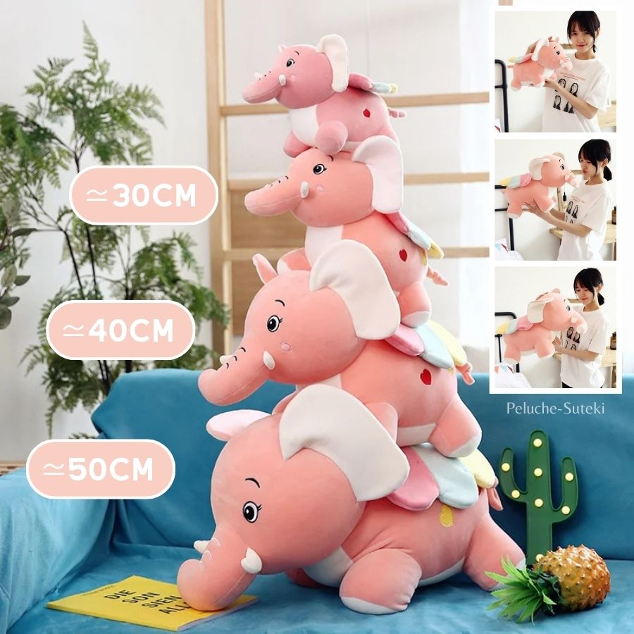 Peluche Éléphant Rose ou Grise à Ailes et Défenses