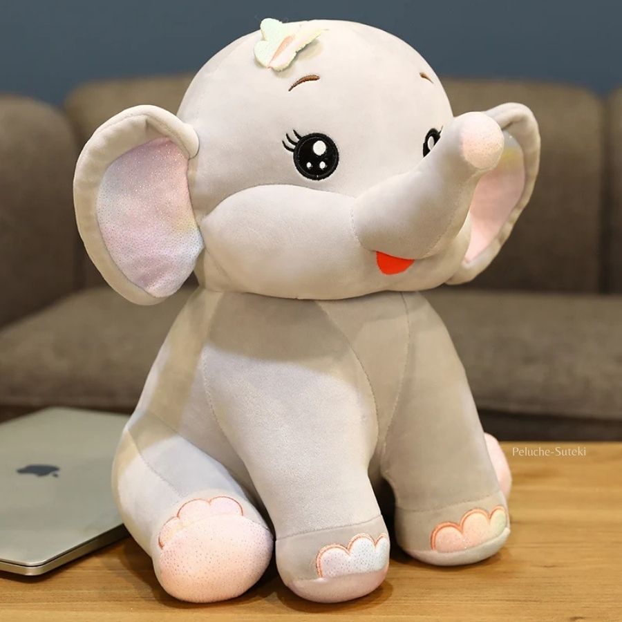 Peluche Éléphant Gris Clair avec Oreilles Irisées et Cils