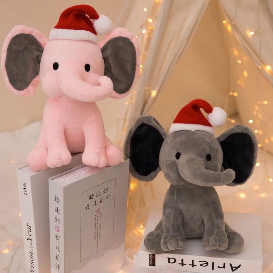 Éléphant en Peluche Rose avec Bonnet de Noël