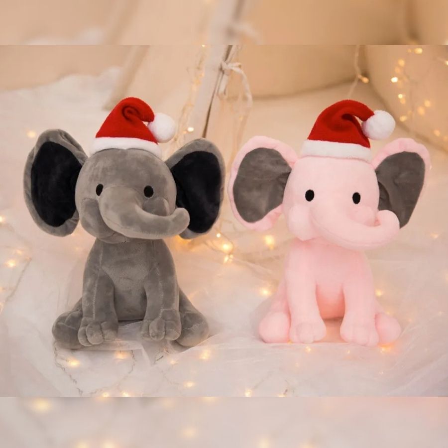 Éléphant en Peluche Rose avec Bonnet de Noël
