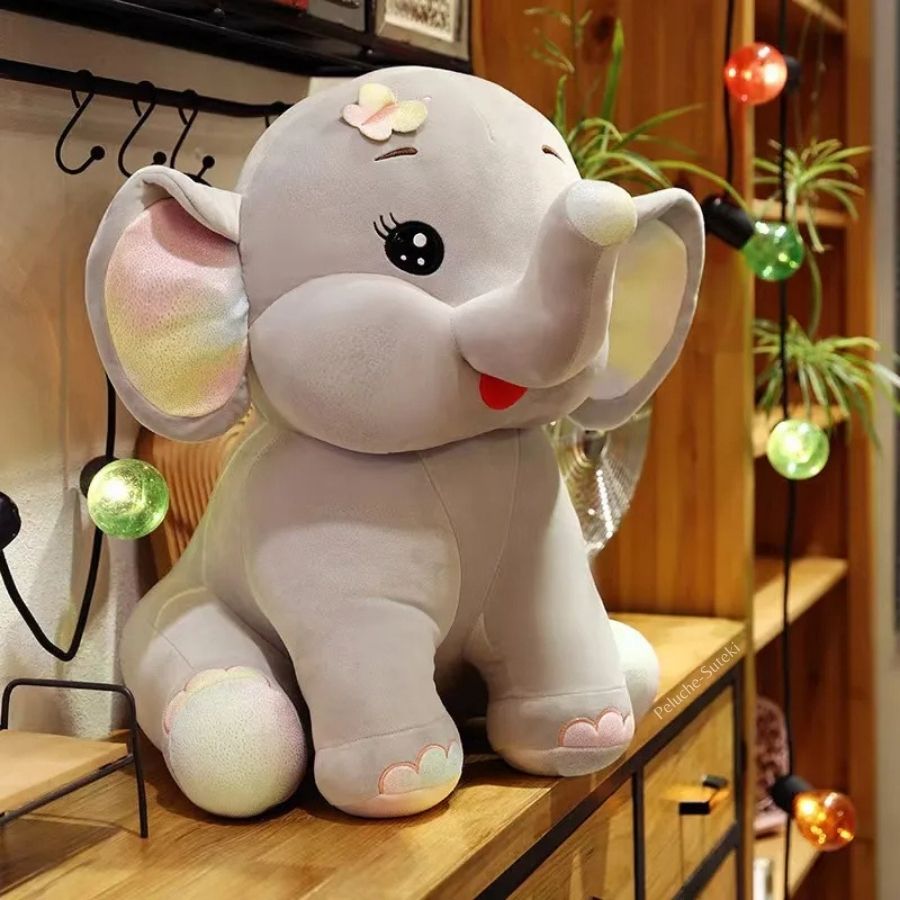 Peluche Éléphant Gris Clair avec Oreilles Irisées et Cils