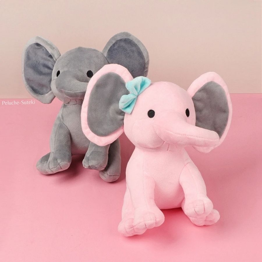 Peluche d'Éléphant Mignon Rose à Nœud Bleu