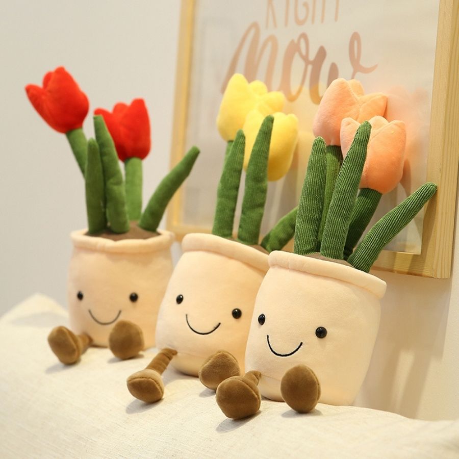 Peluche Tulipe en Pot Souriante à Pieds Pendus