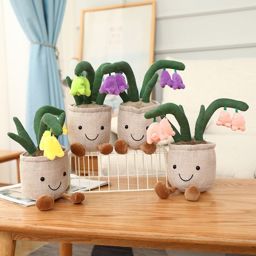 Peluche Pot de Fleurs Souriant avec Clochettes