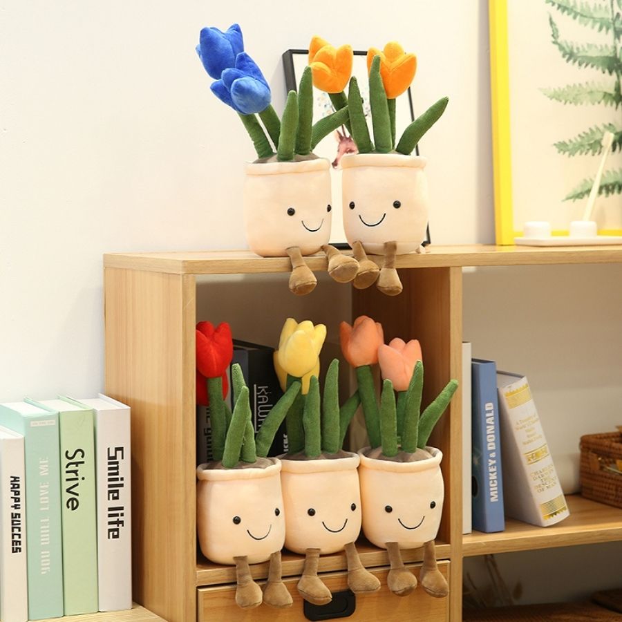Peluche Tulipe en Pot Souriante à Pieds Pendus