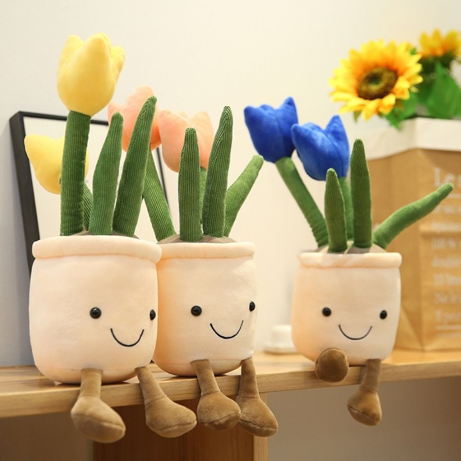 Peluche Tulipe en Pot Souriante à Pieds Pendus