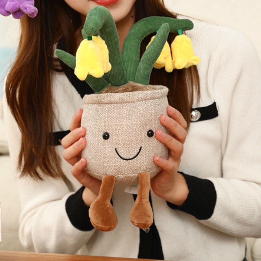 Peluche Pot de Fleurs Souriant avec Clochettes