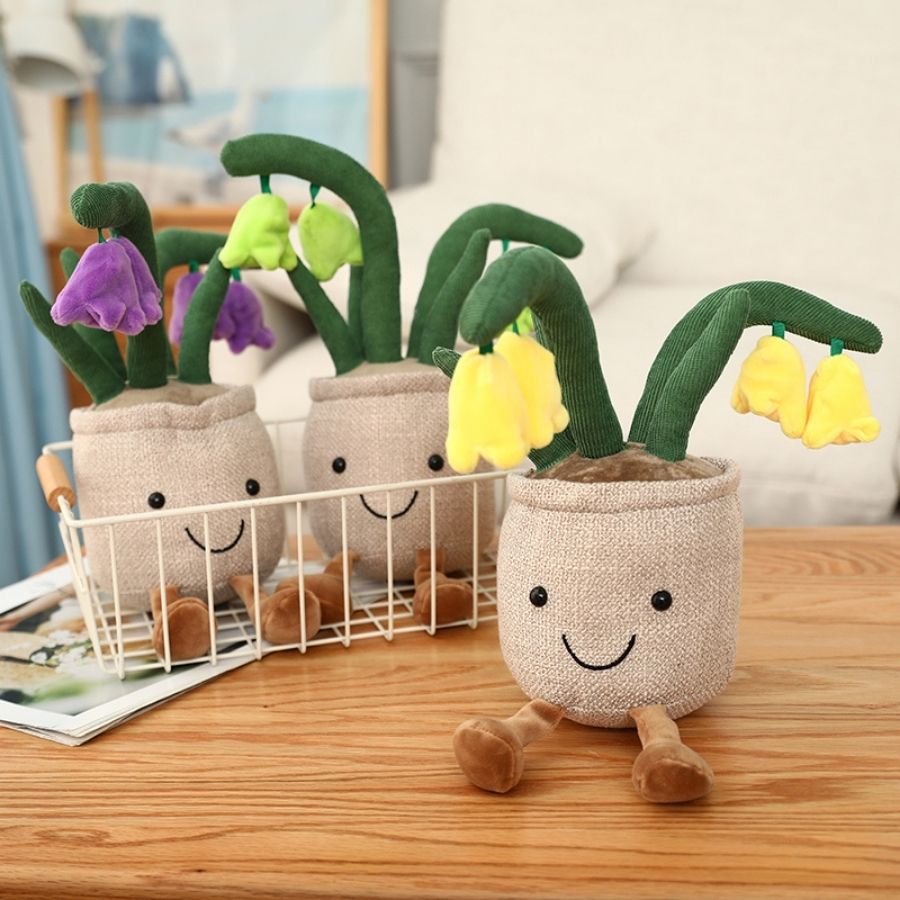 Peluche Pot de Fleurs Souriant avec Clochettes