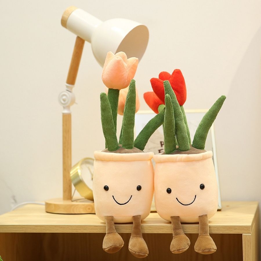 Peluche Tulipe en Pot Souriante à Pieds Pendus