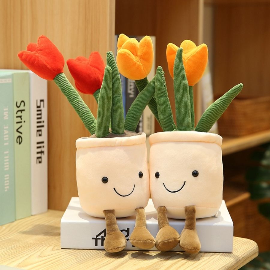 Peluche Tulipe en Pot Souriante à Pieds Pendus
