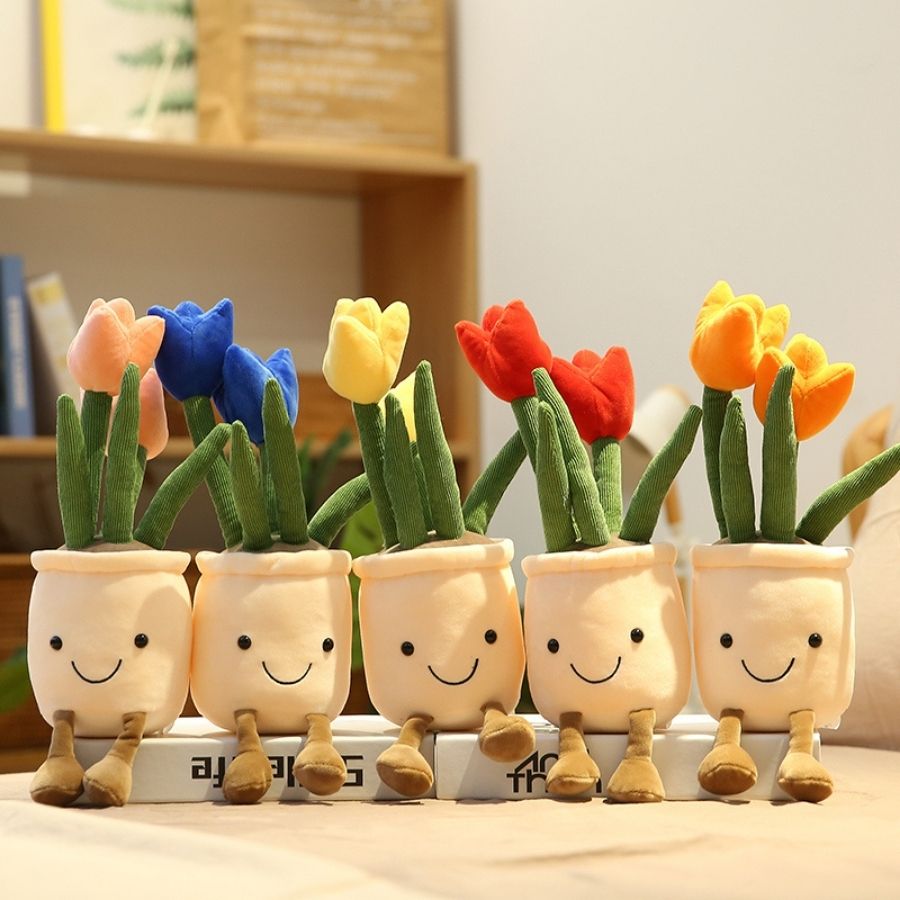 Peluche Tulipe en Pot Souriante à Pieds Pendus