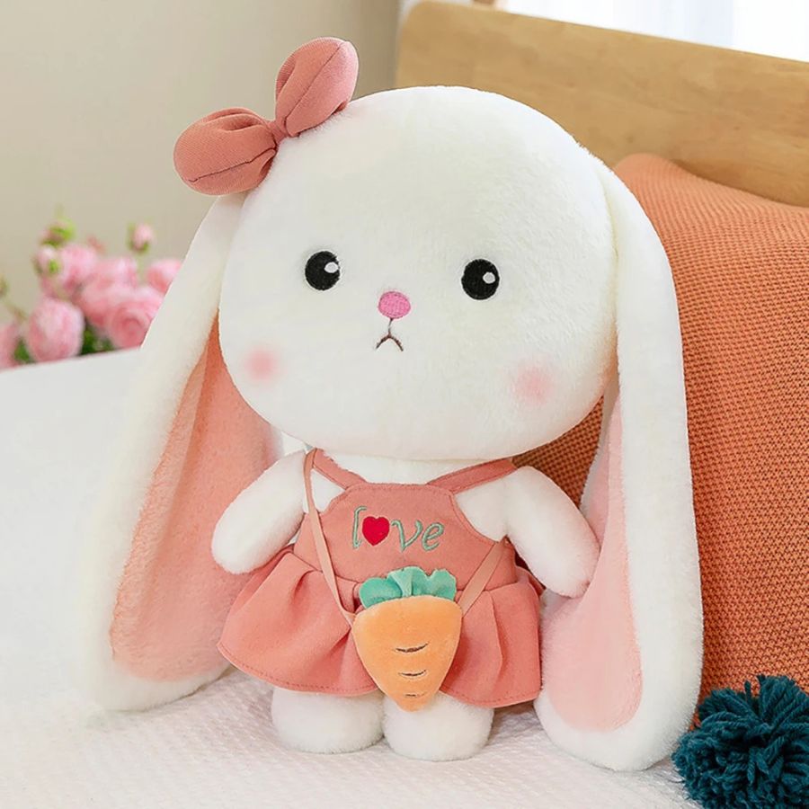 Peluche Lapin Blanc Crème à Robe Corail et Sac Carotte