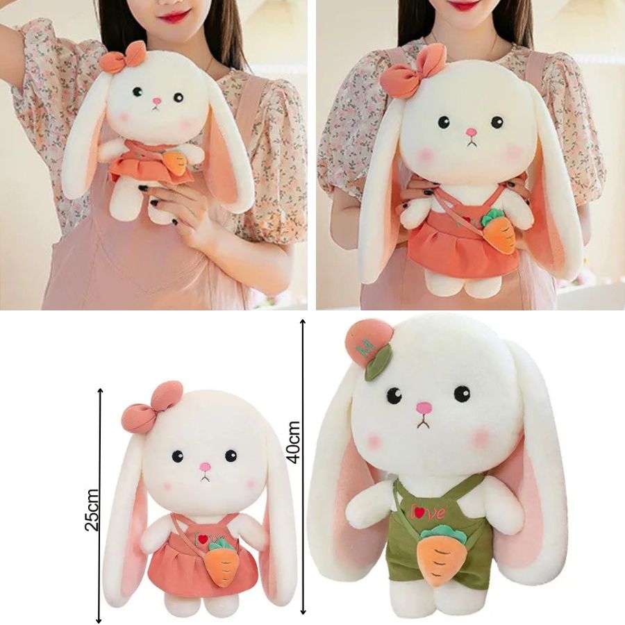 Peluche Lapin Blanc Crème à Robe Corail et Sac Carotte