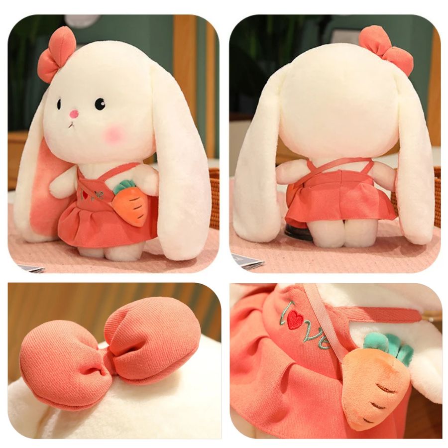 Peluche Lapin Blanc Crème à Robe Corail et Sac Carotte