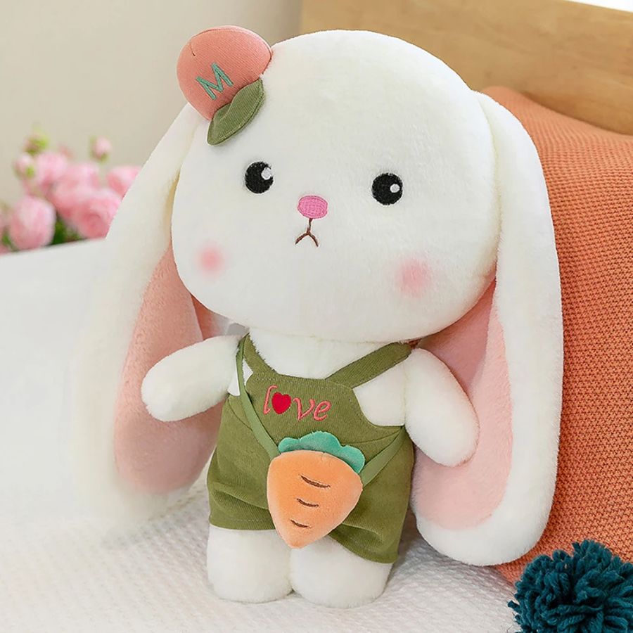 Peluche Lapin Blanc Crème à Robe Corail et Sac Carotte