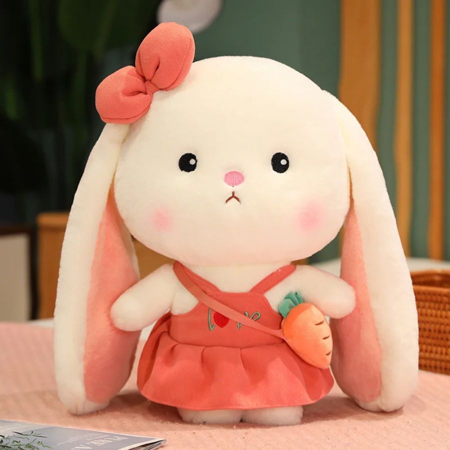 Peluche Lapin Blanc Crème à Robe Corail et Sac Carotte