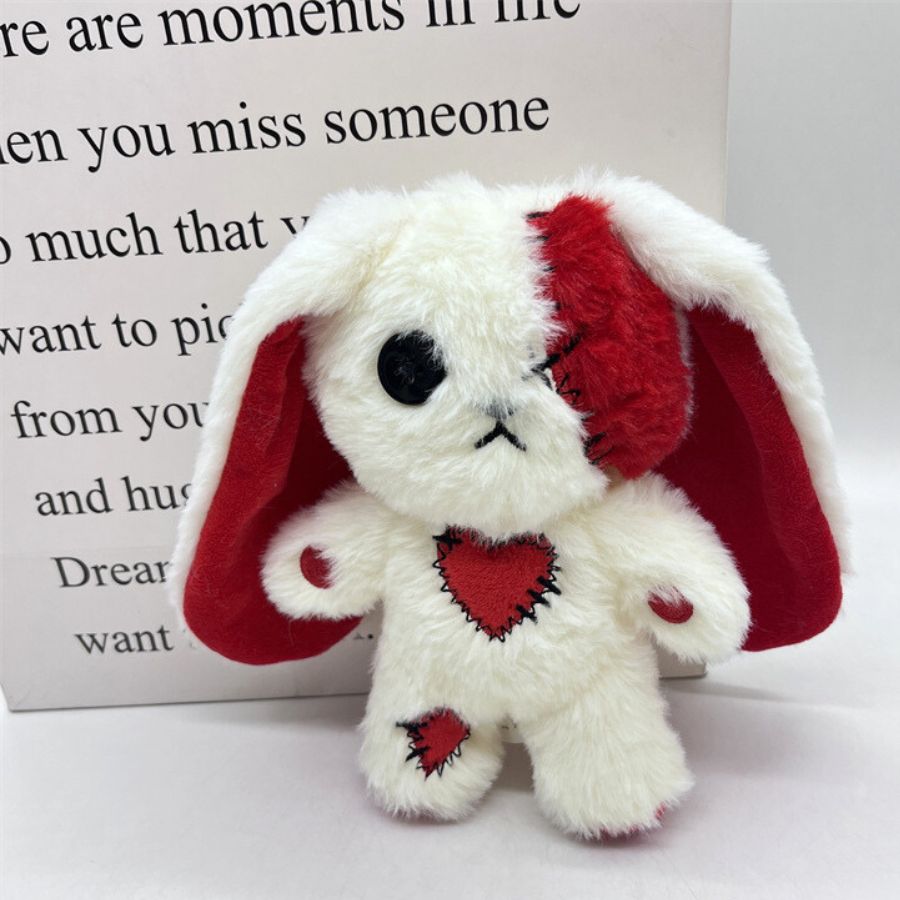 Peluche Lapin Gothique Crème et Rouge à Coutures
