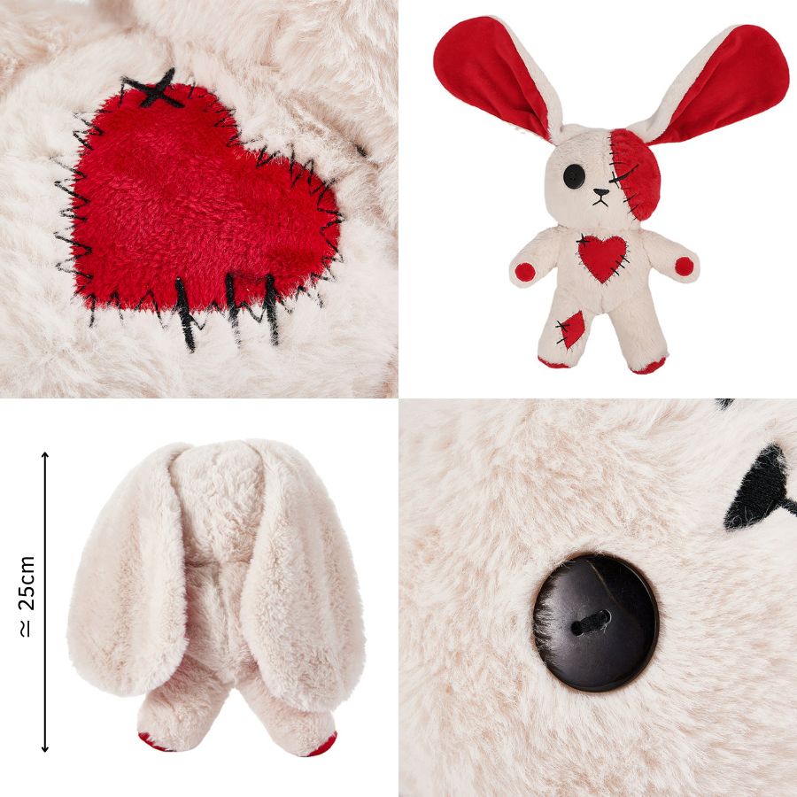 Peluche Lapin Gothique Crème et Rouge à Coutures