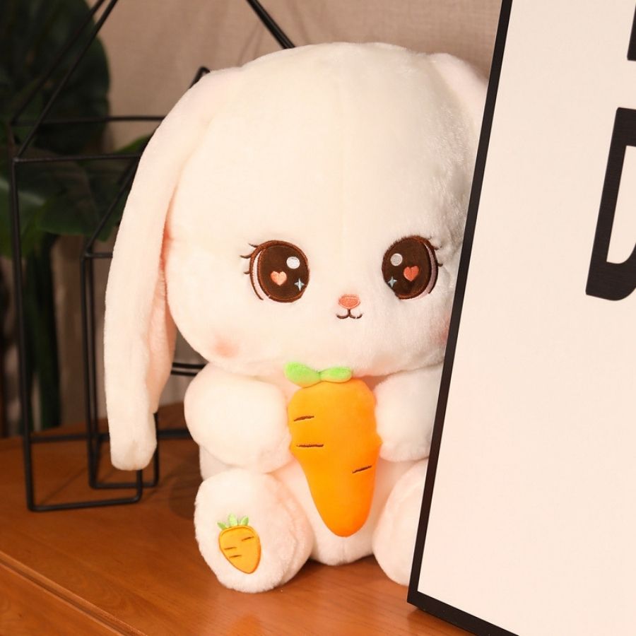 Peluche Lapin Blanc Crème aux Yeux Cœurs et Carotte