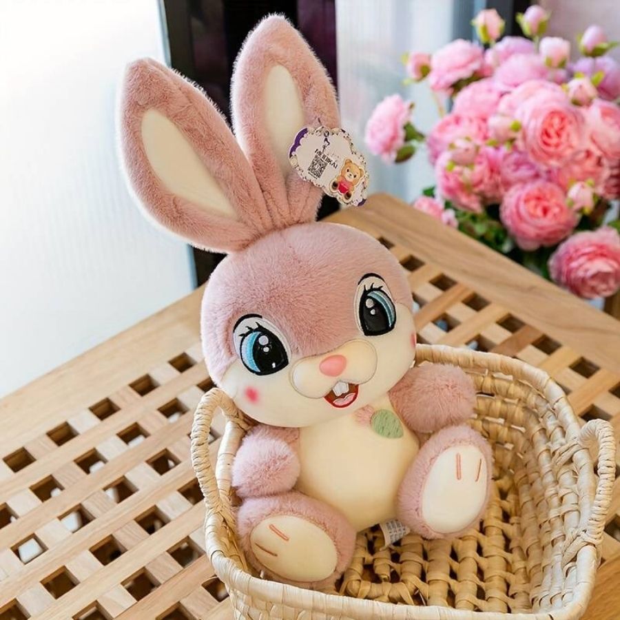 Peluche Lapin Marron Clair aux Yeux Bleus et Carotte
