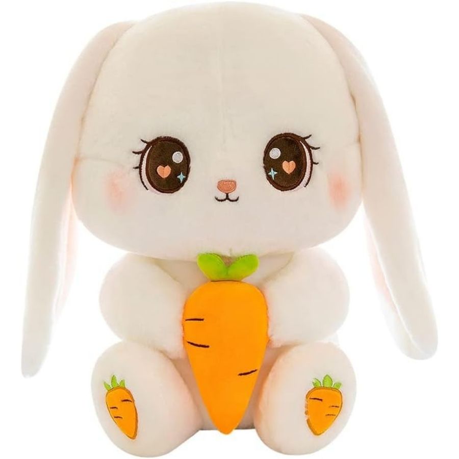 Peluche Lapin Blanc Crème aux Yeux Cœurs et Carotte