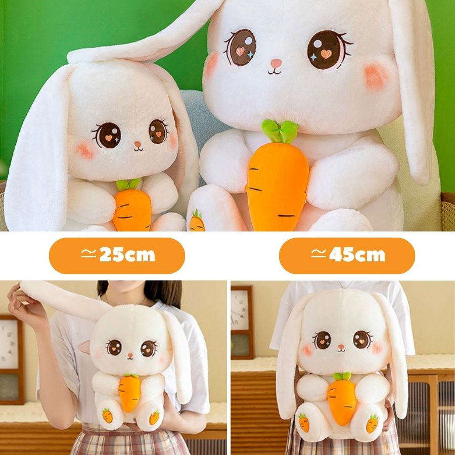 Peluche Lapin Blanc Crème aux Yeux Cœurs et Carotte