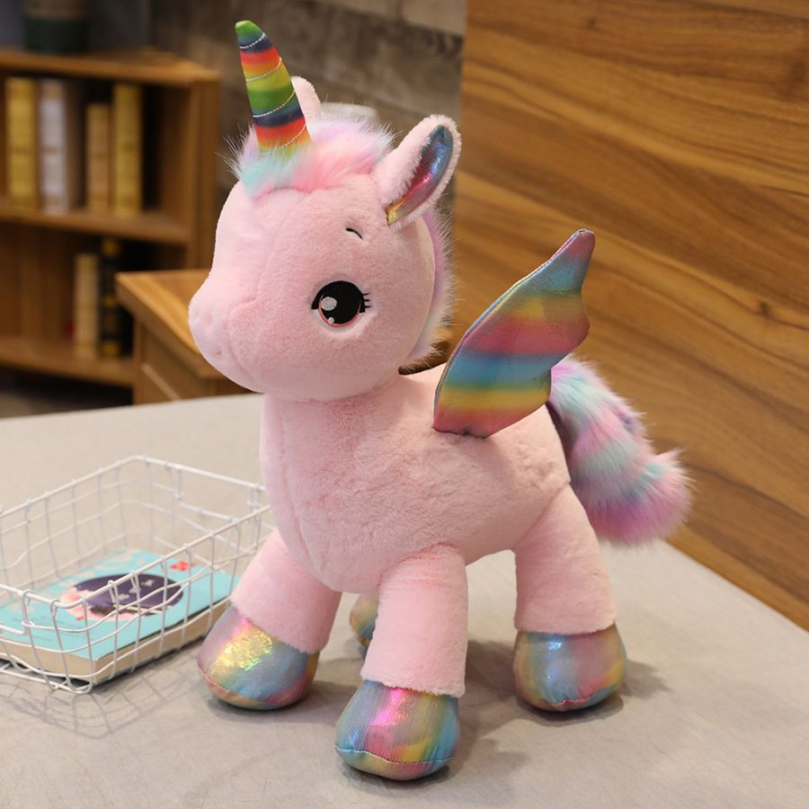 Peluche Licorne Rose à Ailes et Crinière Arc-en-Ciel