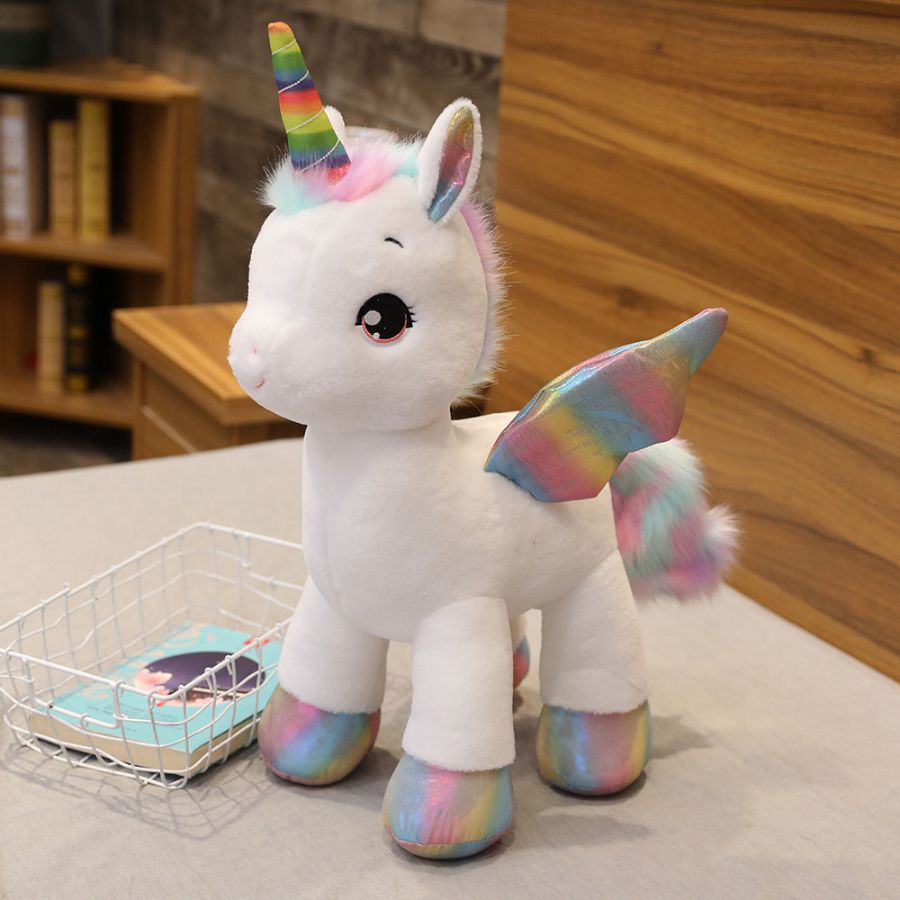 Peluche Licorne Rose à Ailes et Crinière Arc-en-Ciel