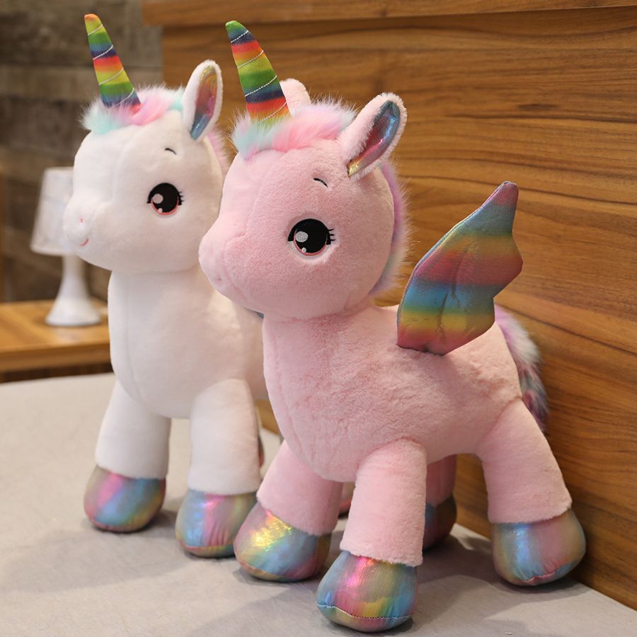 Peluche Licorne Rose à Ailes et Crinière Arc-en-Ciel