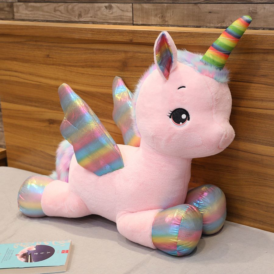 Peluche Licorne Rose à Ailes et Crinière Arc-en-Ciel
