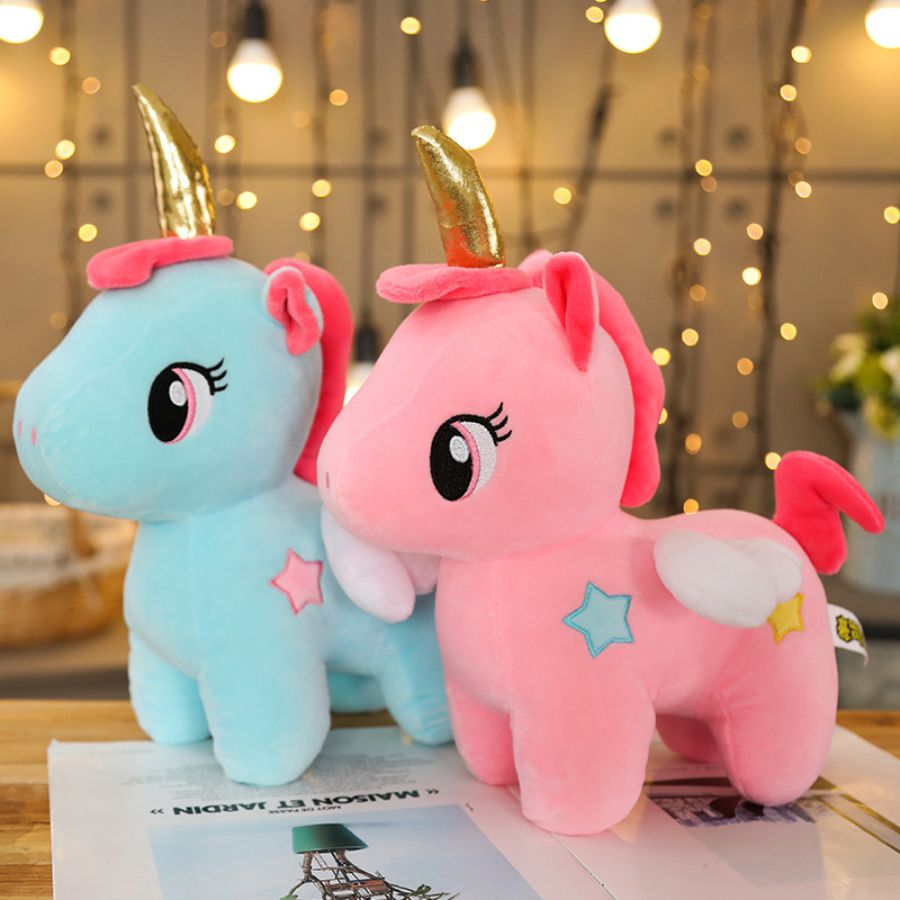 Peluche Licorne Rose à Corne Dorée et Étoile Bleue