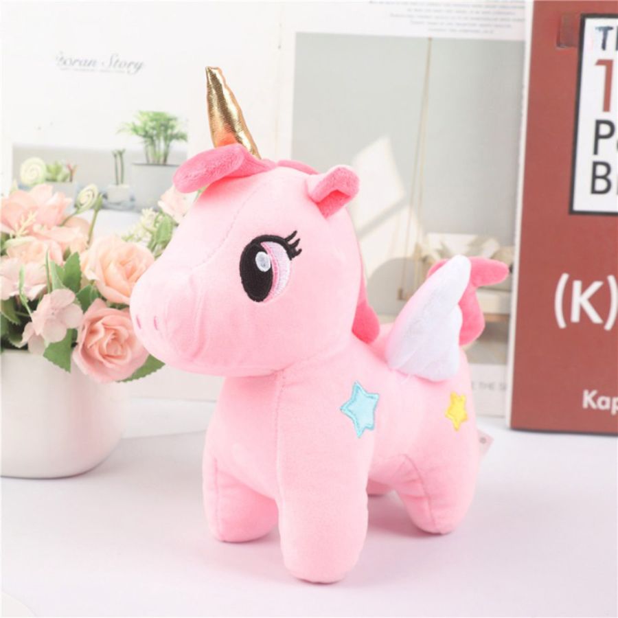 Peluche Licorne Rose à Corne Dorée et Étoile Bleue