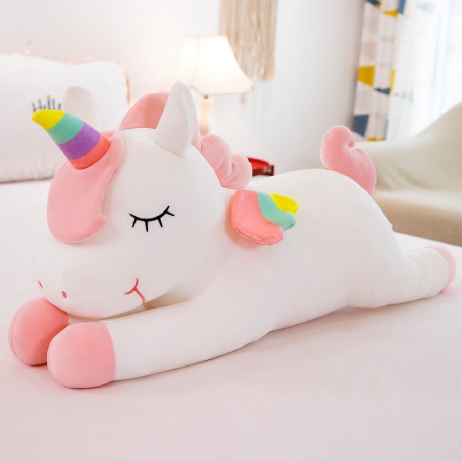 Peluche Licorne Endormie Rose ou Blanche Arc-en-Ciel