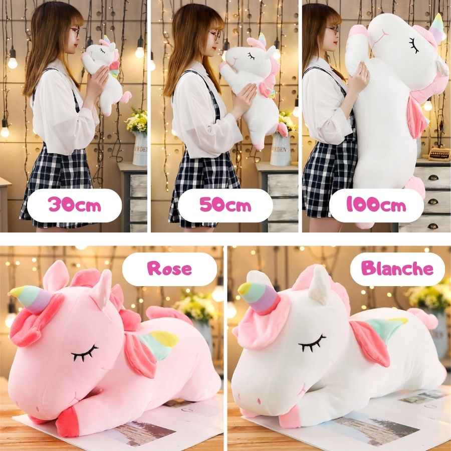 Peluche Licorne Endormie Rose ou Blanche Arc-en-Ciel